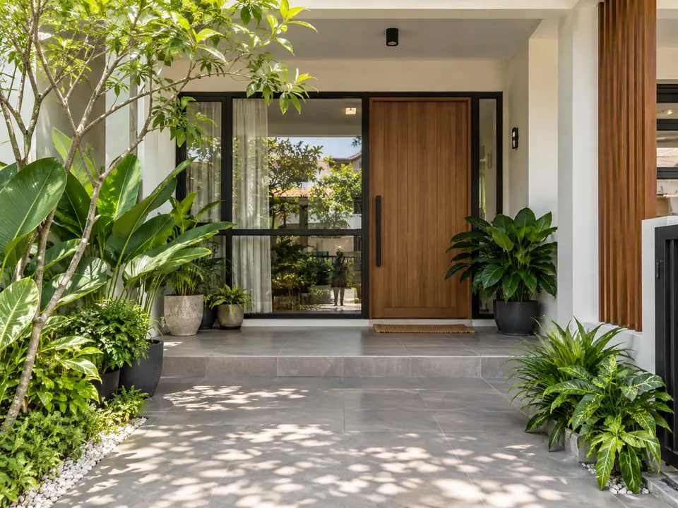 A tropical terrace home with a sheltered porch, timber door and green plants.
